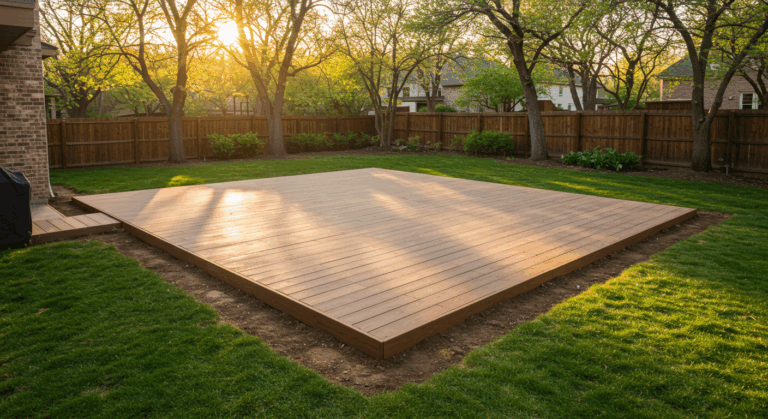 "Austin backyard ready for Trex installation during ideal season"